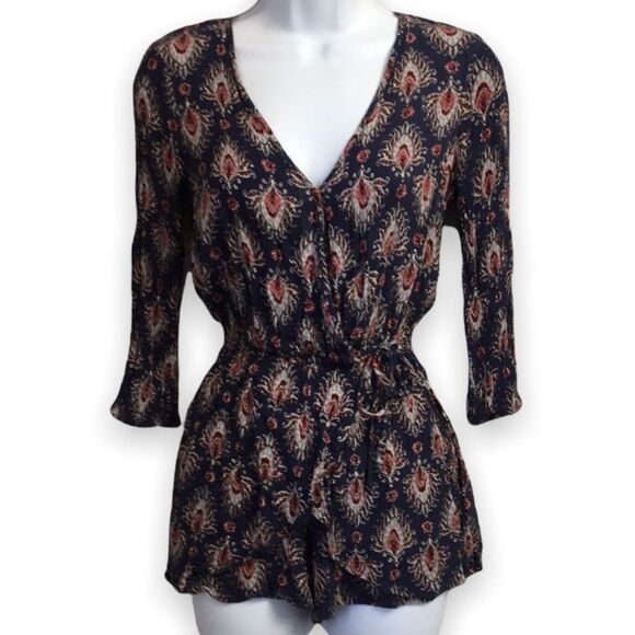 Band of Gypsies Pants - Band of Gypsies Romper Gauze 3/4 Sleeve Surplice Cut Bust Layered Shorts Boho XS